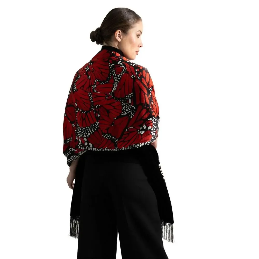 Pineda Covalin Silk Velvet Floral Shawl Scarf Gothic Red Fringe Designer Wrap
